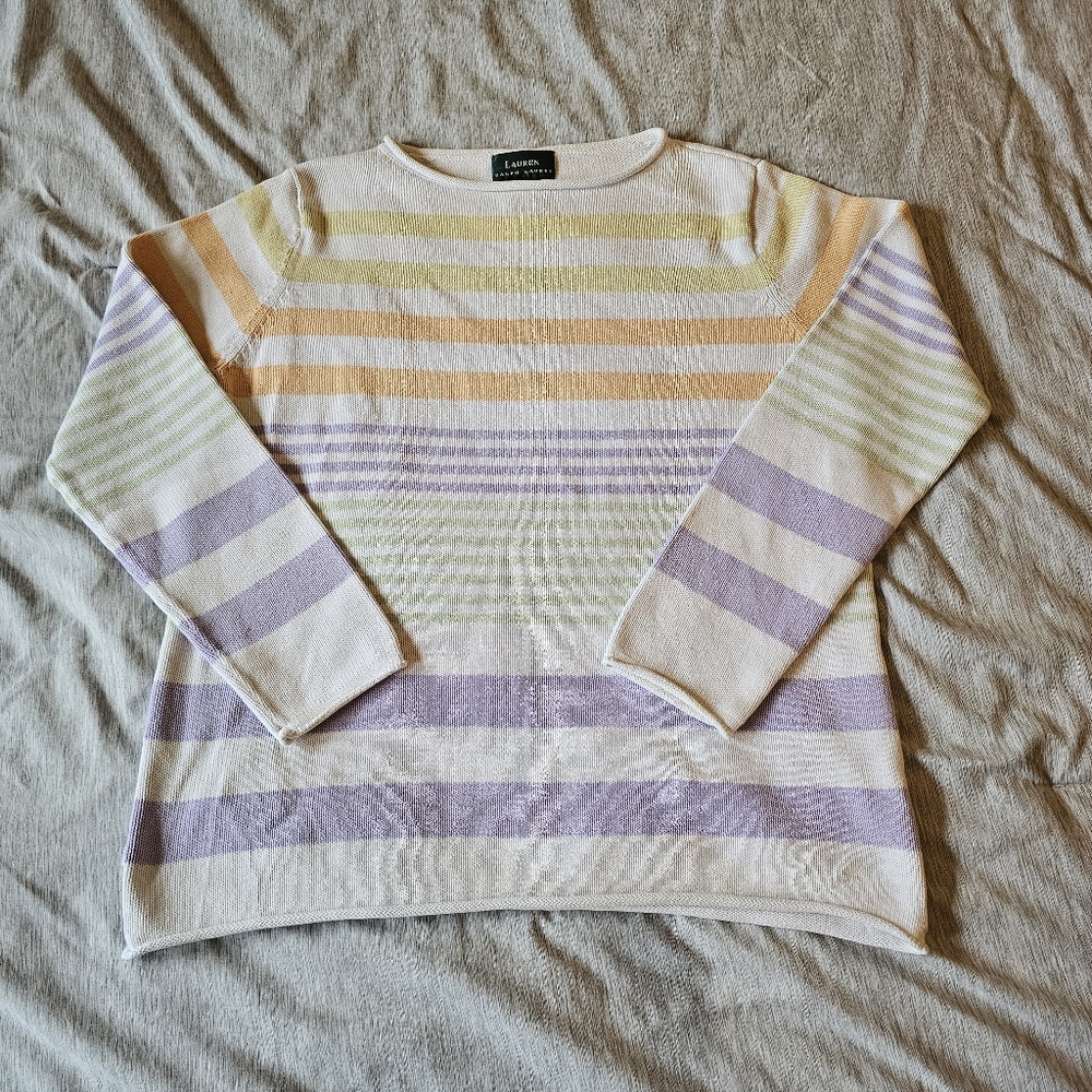 Womens Ralph Lauren Striped Pastel 100% Cotton Boat Neck Sweater, Med